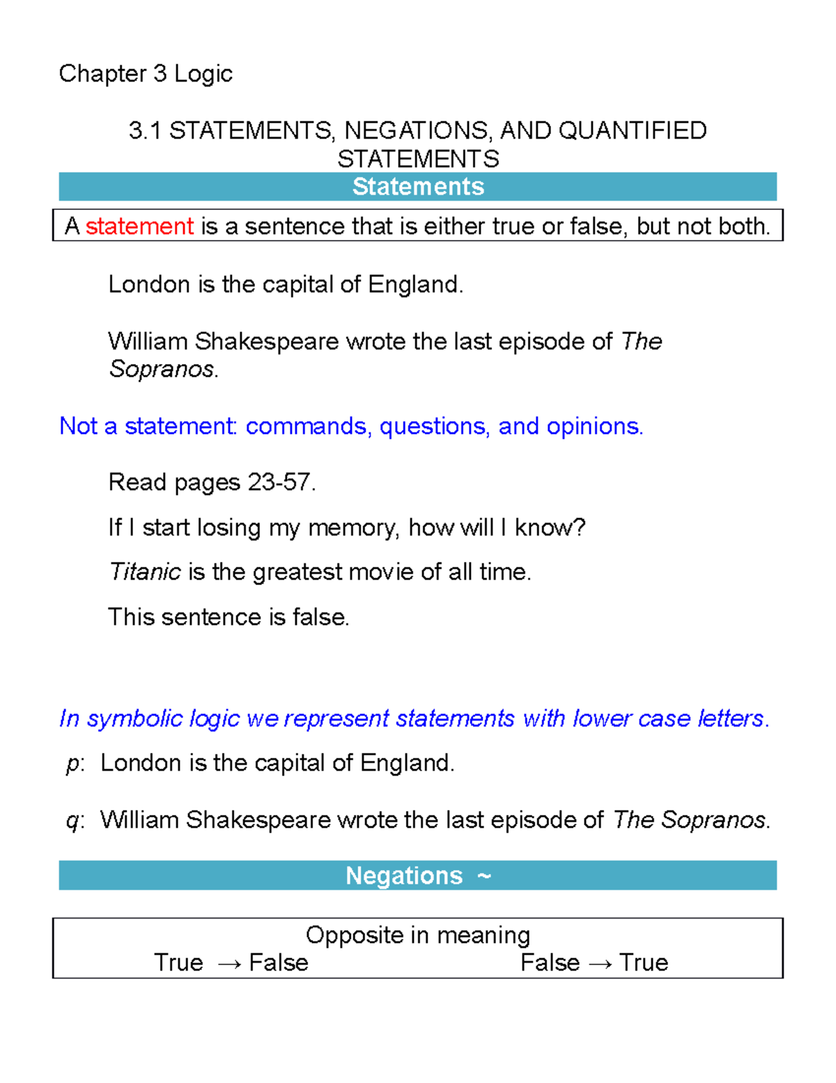 100 overhead 3 - notes - Chapter 3 Logic 3 STATEMENTS, NEGATIONS, AND ...