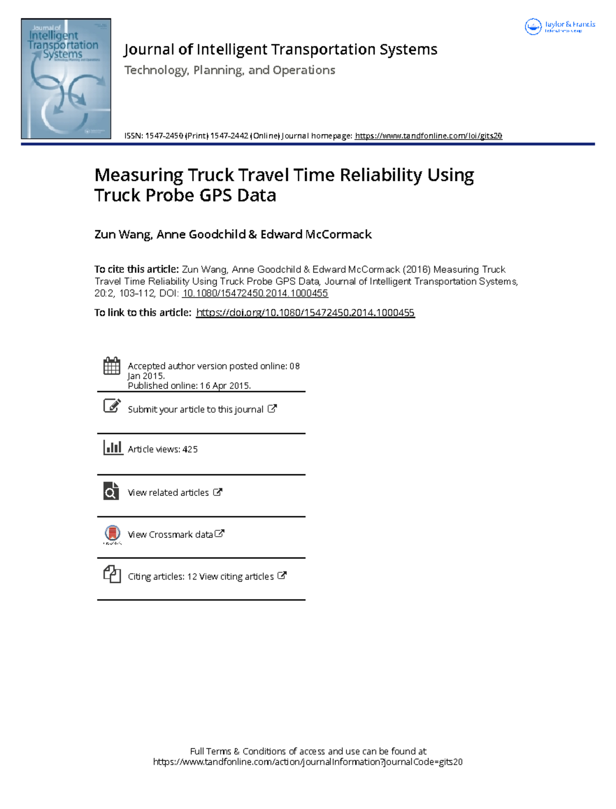 Measuring Truck Travel Time Reliability - 1080/15472450. To link to ...