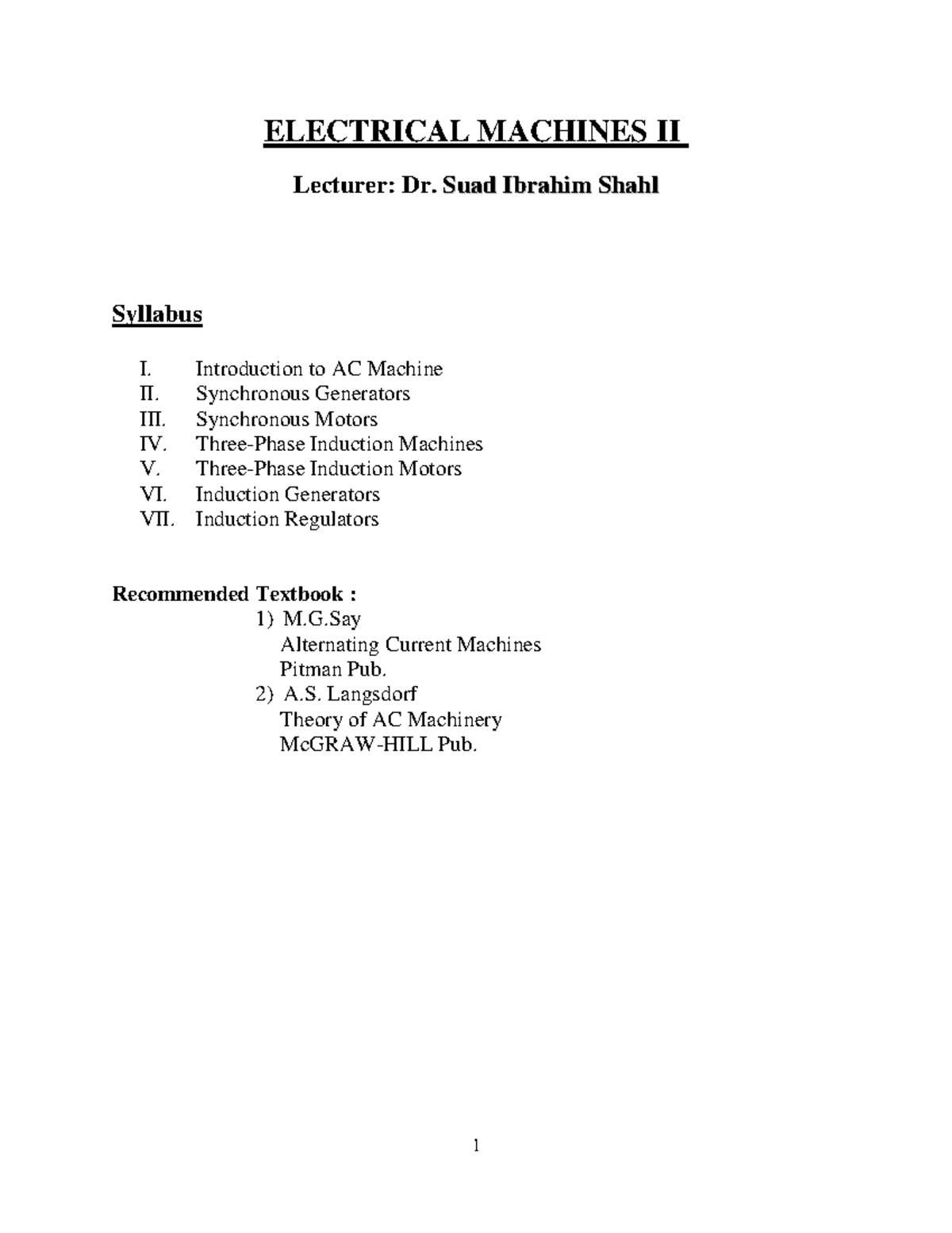 I Introduction - ELECTRICAL MACHINES II Lecturer: Dr. SSuuaadd ...