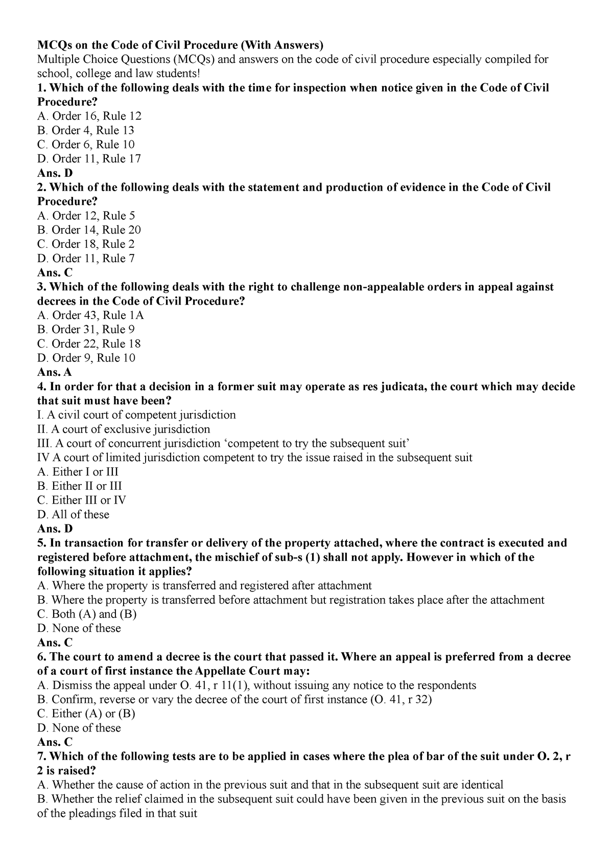 MCQs On The Code Of Civil Procedure - Order 16, Rule 12 B. Order 4 ...