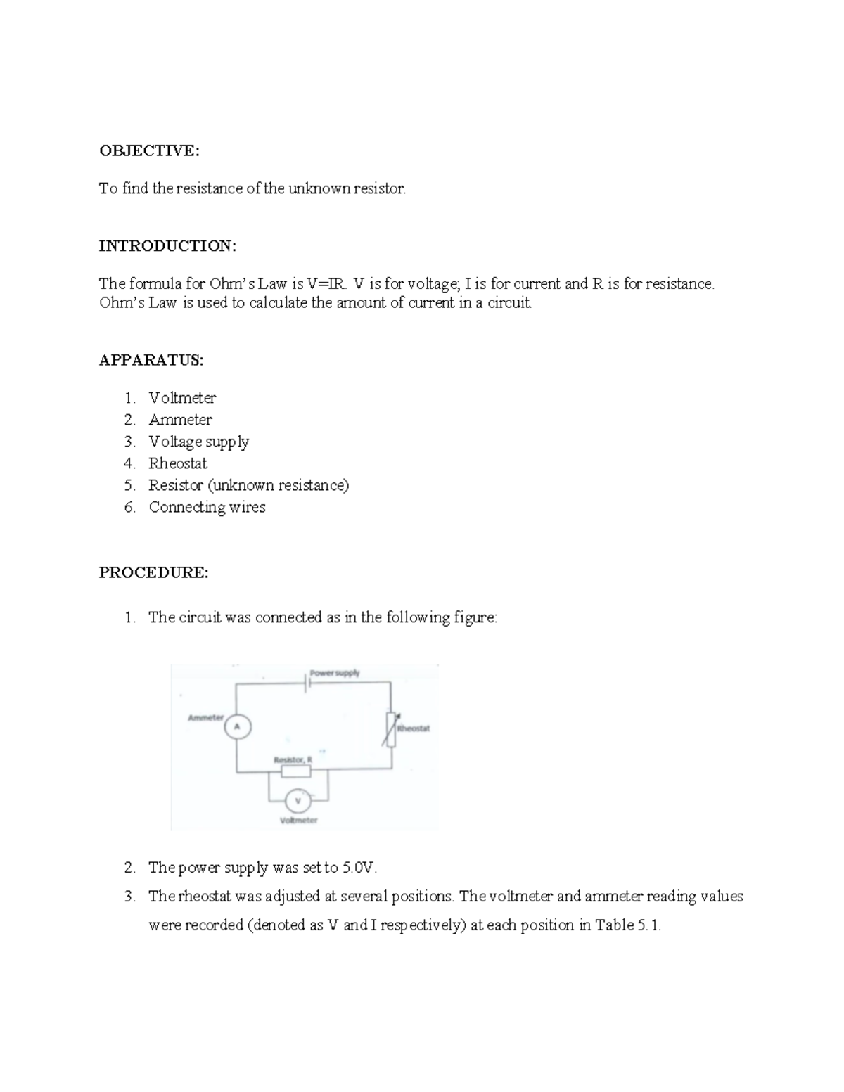 PHY083 lab 5 - Physic experiment 5 - OBJECTIVE: To find the resistance ...