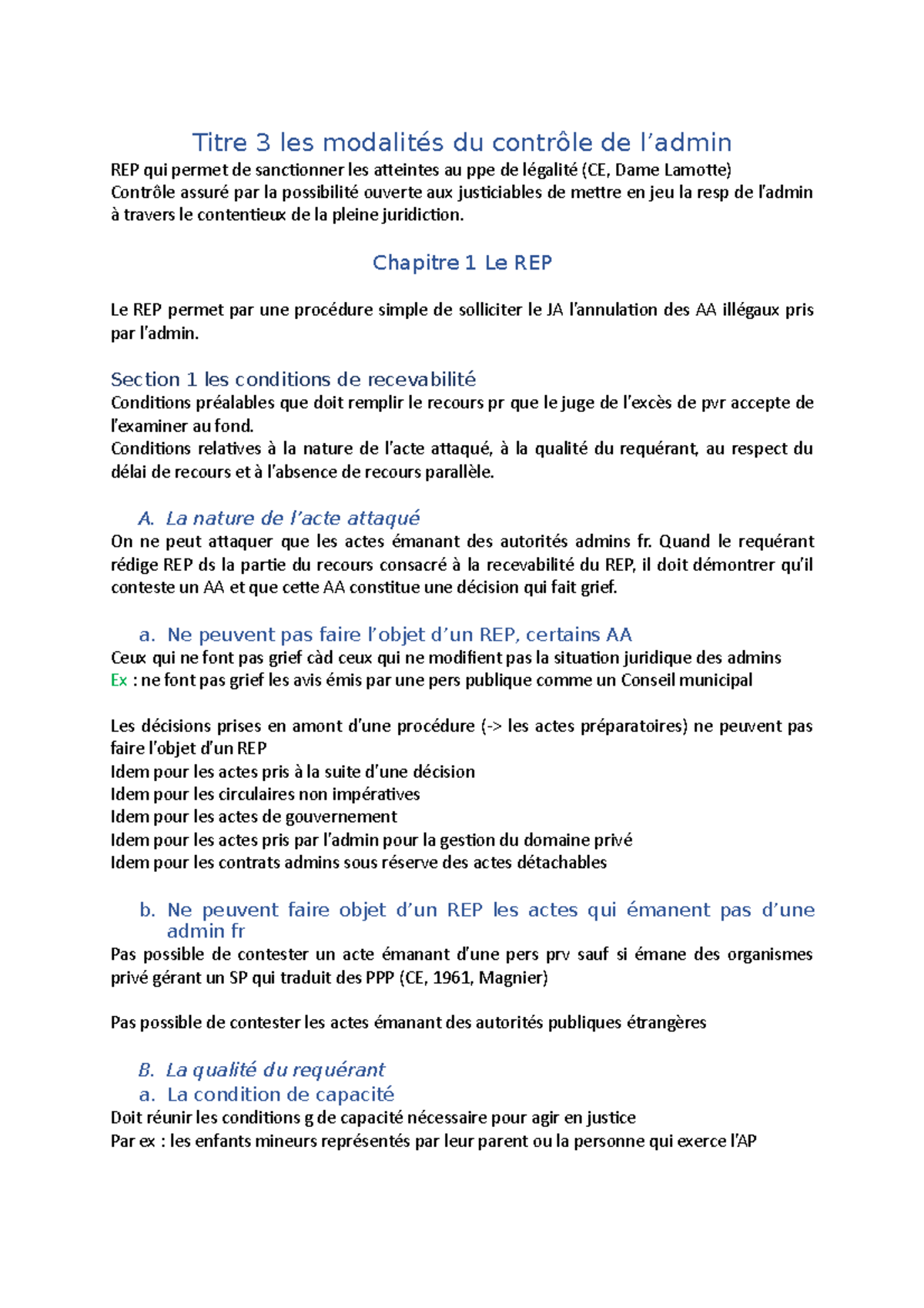 Chapitre sur le recours en excès de pouvoir Titre 3 les modalités du contrôle de l’admin REP