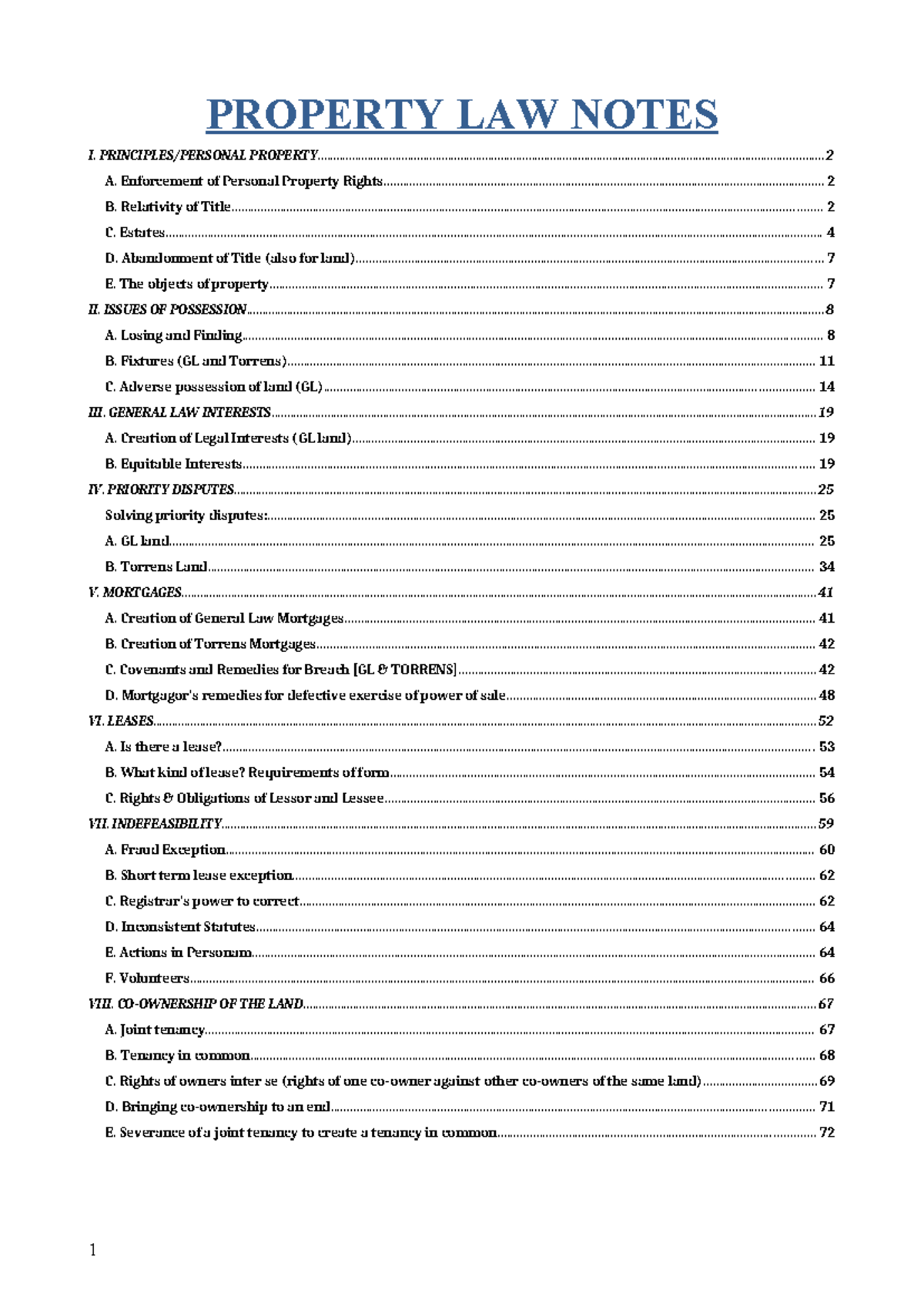 Good Property Notes - PROPERTY LAW NOTES I. PRINCIPLES/PERSONAL - Studocu