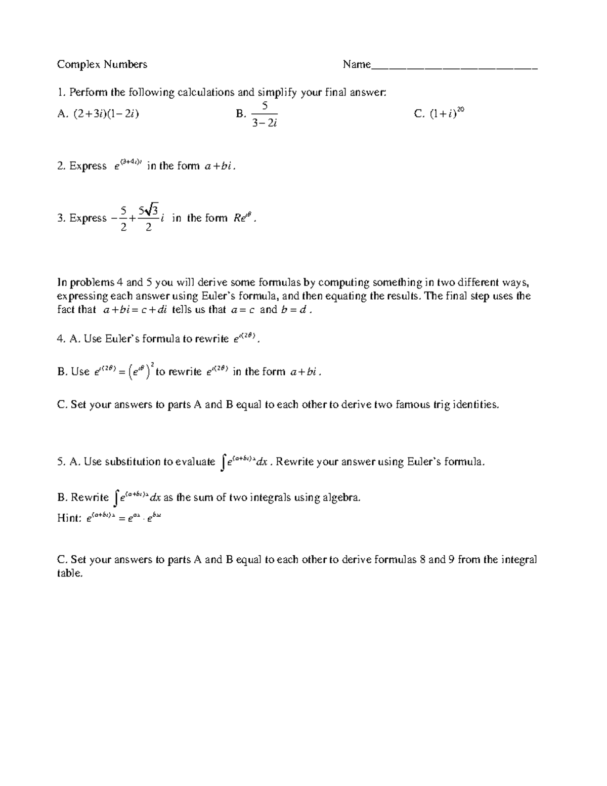 Ch10 complex numbers - Chapter 10 - Complex Numbers 1. Perform the ...