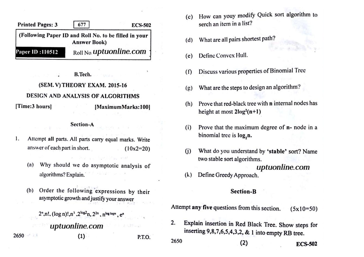 Btech Cs 5 Sem Design And Analysis Of Algorithms Ecs 502 2016 - B.tech ...