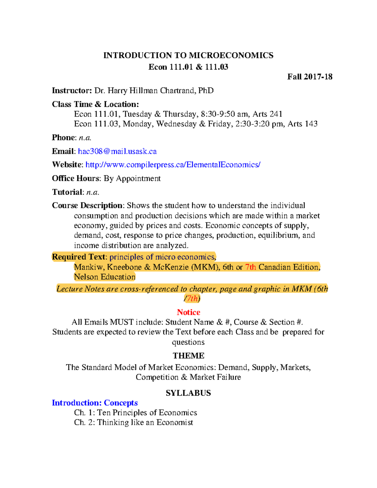 Syllebus - n/a - INTRODUCTION TO MICROECONOMICS Econ 111 & 111. Fall ...
