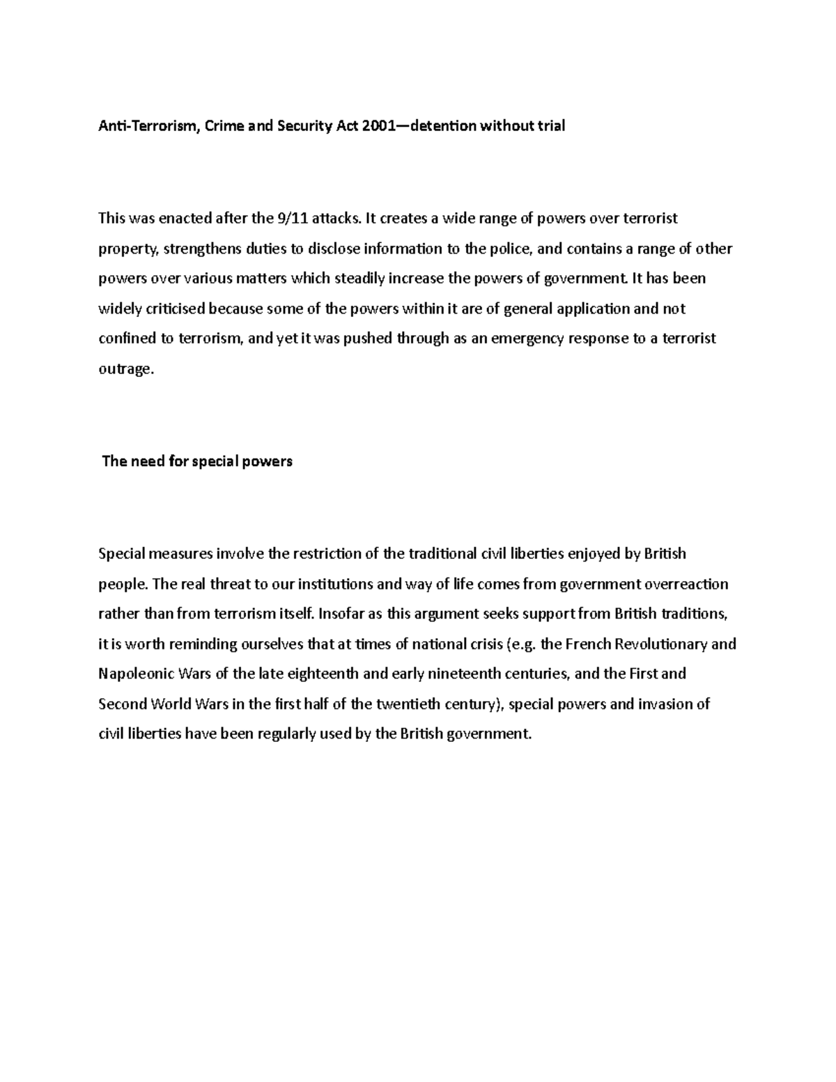 Anti-Terrorism, Crime and Security Act 2001 —detention without trial