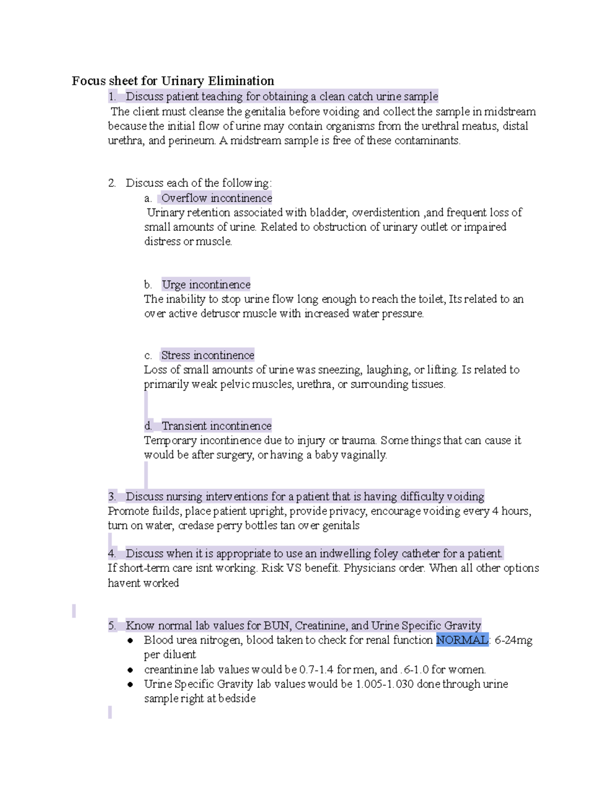 Urinary Elimination- Exam 3 - Focus Sheet For Urinary Elimination ...