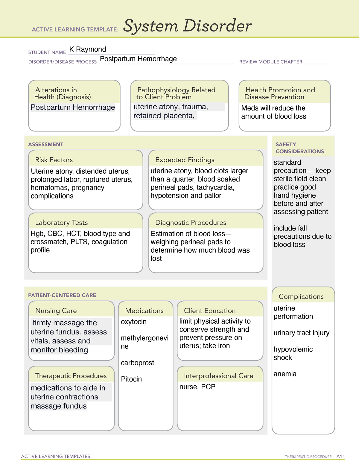 System disorder postpartum hemorrhage ACTIVE LEARNING TEMPLATES
