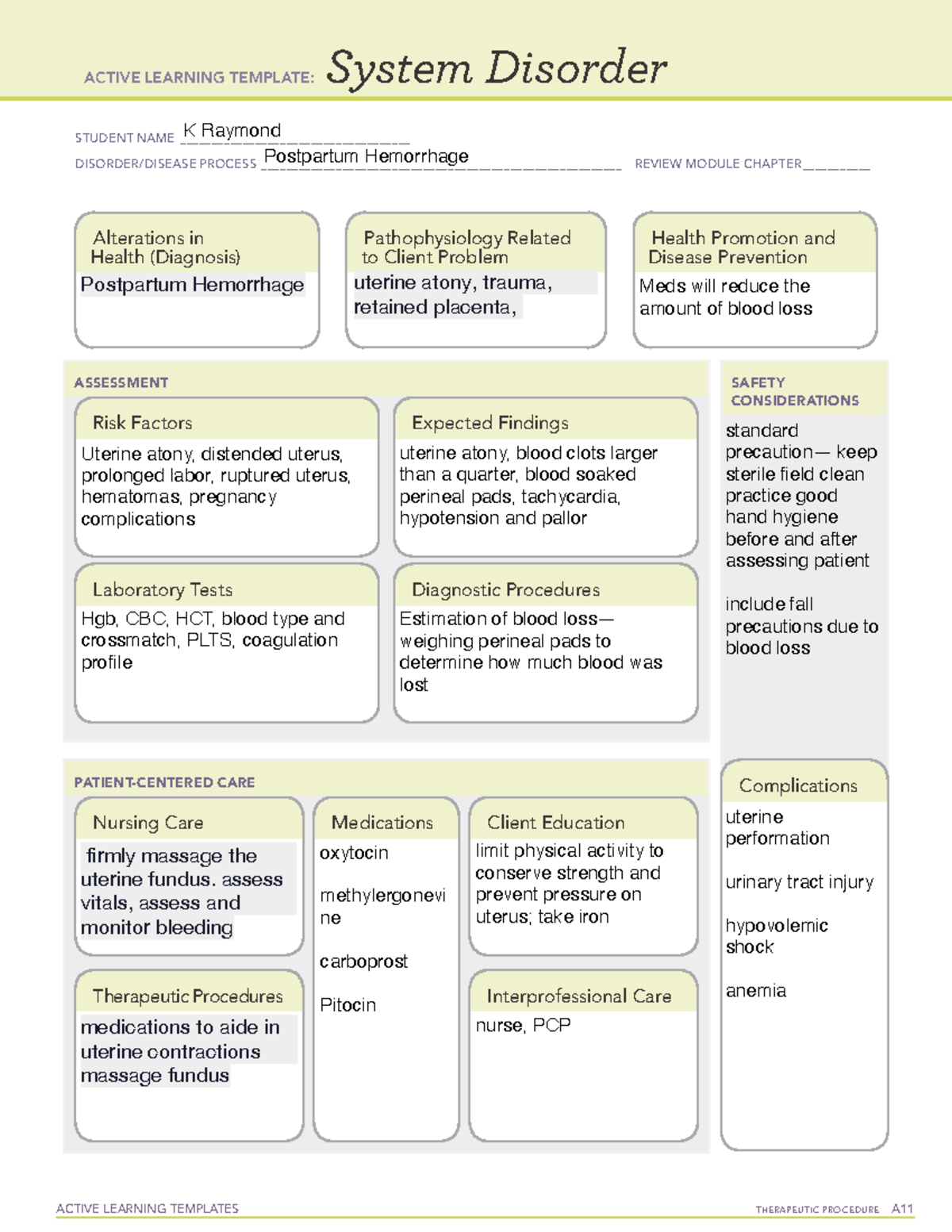 System disorder postpartum hemorrhage ACTIVE LEARNING TEMPLATES