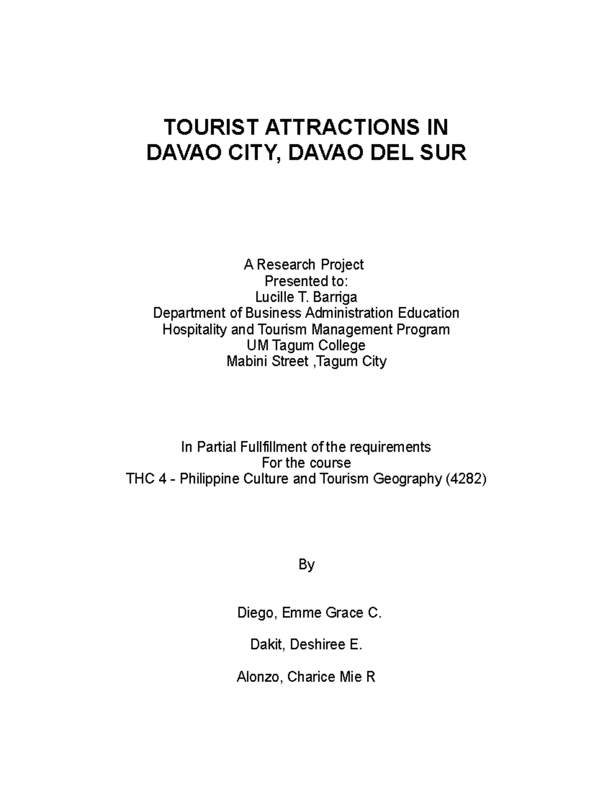 Research-THC4 - TOURIST ATTRACTIONS IN DAVAO CITY, DAVAO DEL SUR A ...