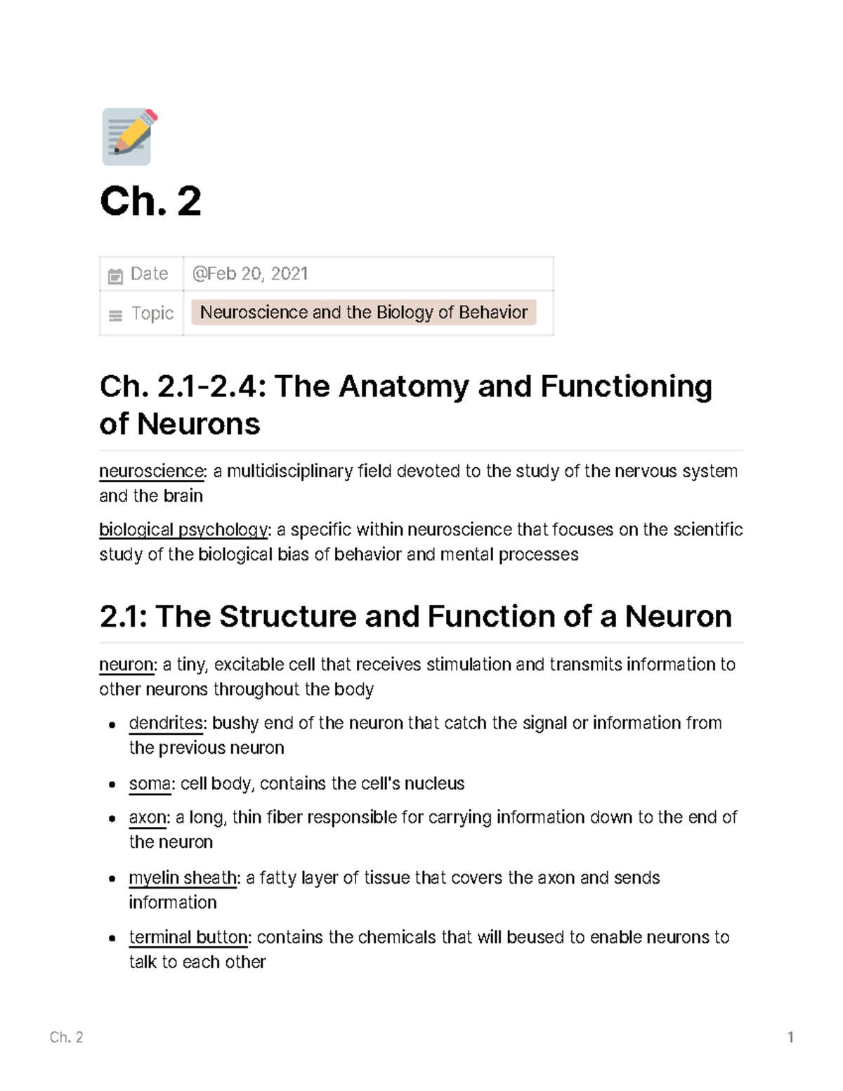 Ch. 2 - Lecture Notes Ch. 2 - 📝 Ch. 2 Date Topic Neuroscience And The ...