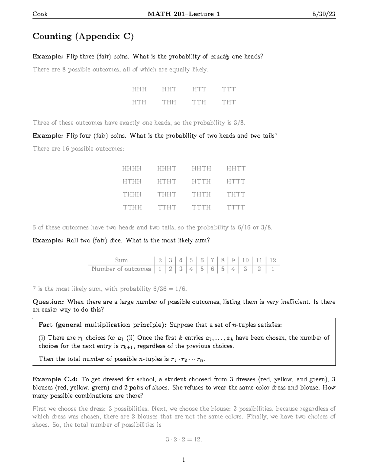 MATH201 Lecture 1 - Counting (Appendix C) Example: Flip three (fair ...