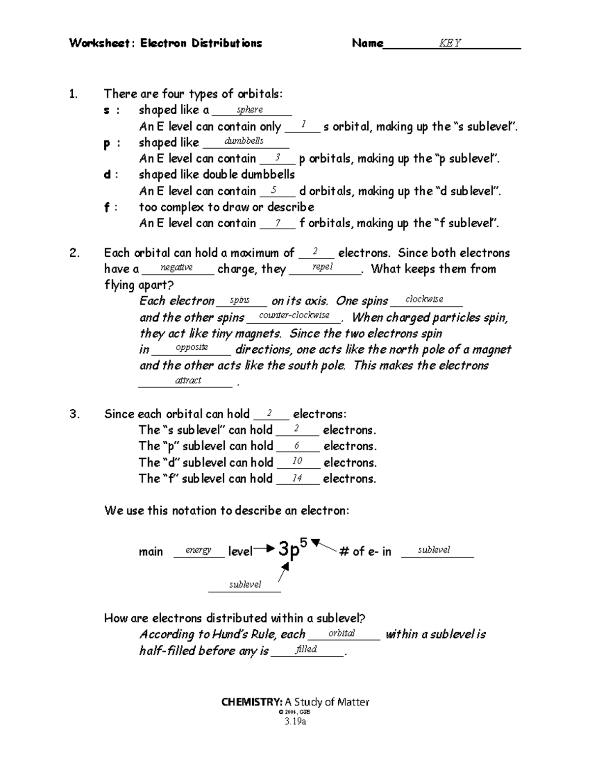 3-19a19b-electron distributions wkst-key - Worksheet: Electron ...