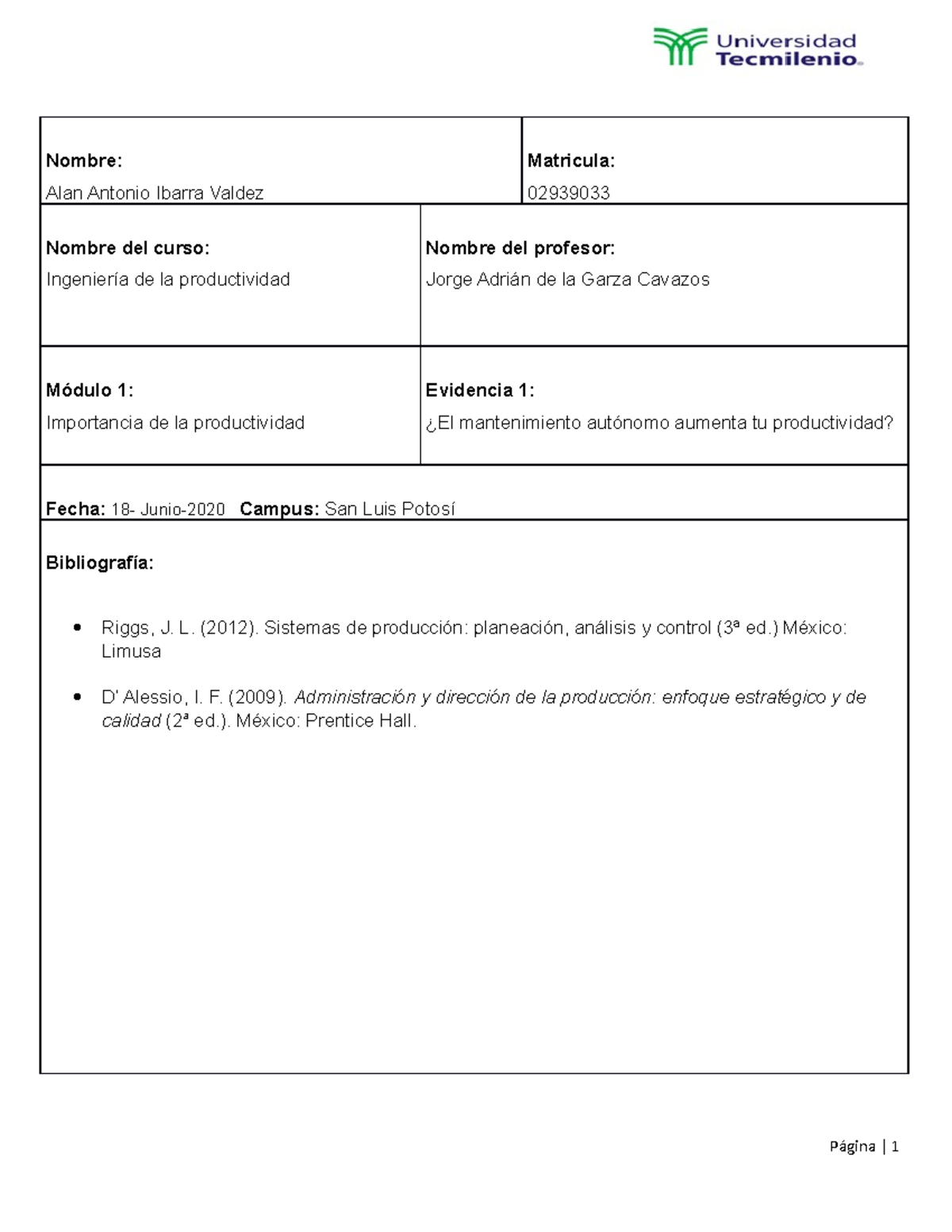 Ingenieria De La Productividad Actividad 1 - Nombre: Alan Antonio ...