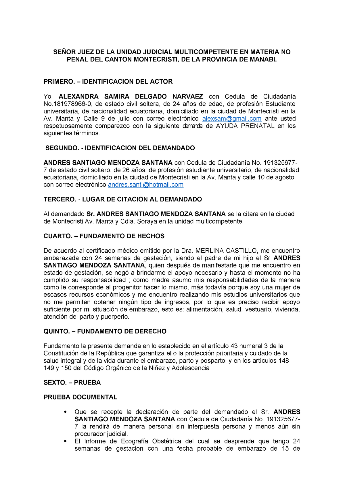 Demanda de ayuda prenatal practicas - SEÑOR JUEZ DE LA UNIDAD JUDICIAL ...