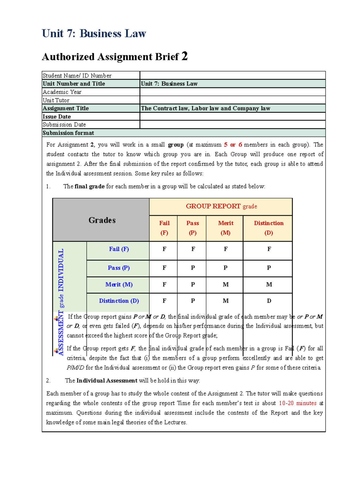 BRIEFAssginment2 Unit 7 Business Law Authorized Assignment Brief 2 Student Name/ ID Number