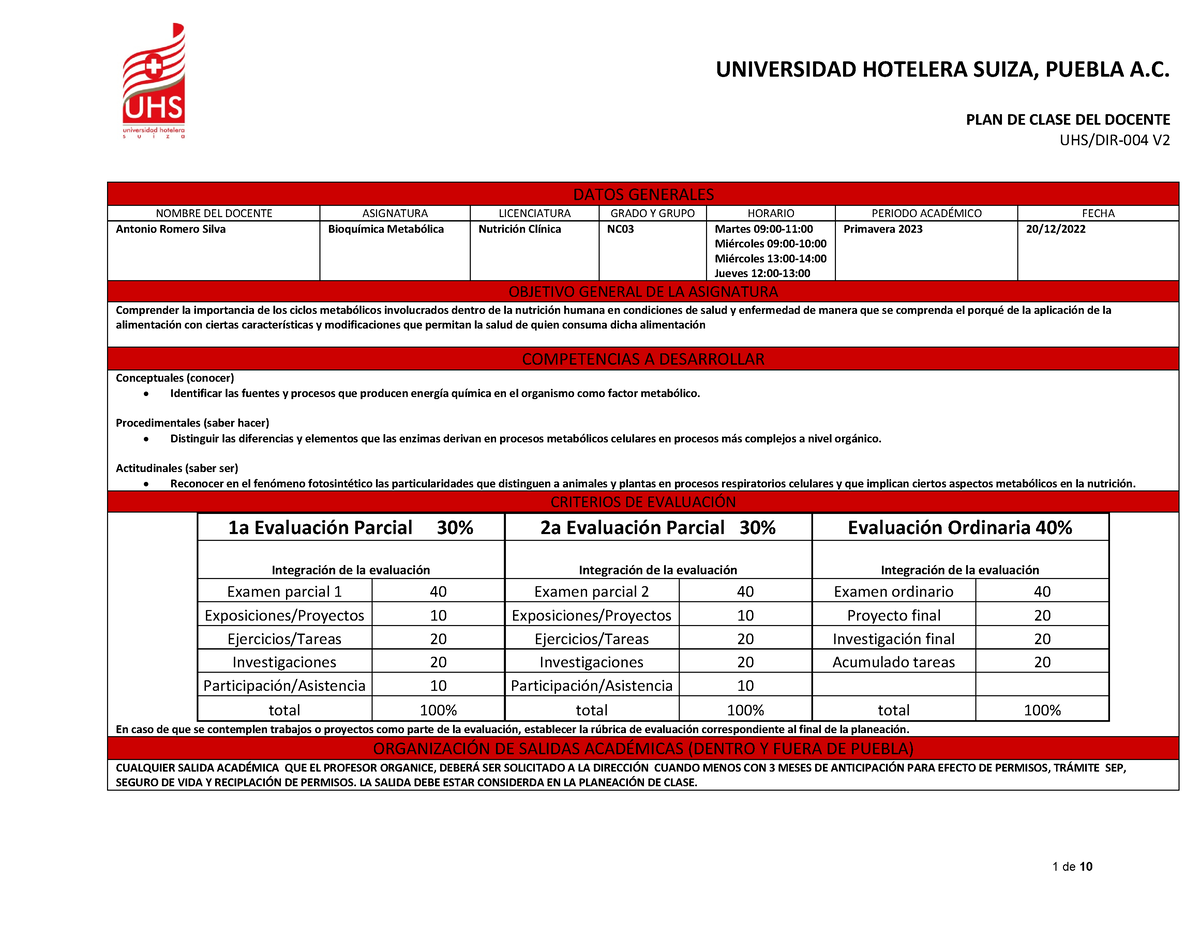 Planeacion Nutricion Clinica Bioquimica Energética Dr Ars 2022primavera Revisado Plan De Clase 