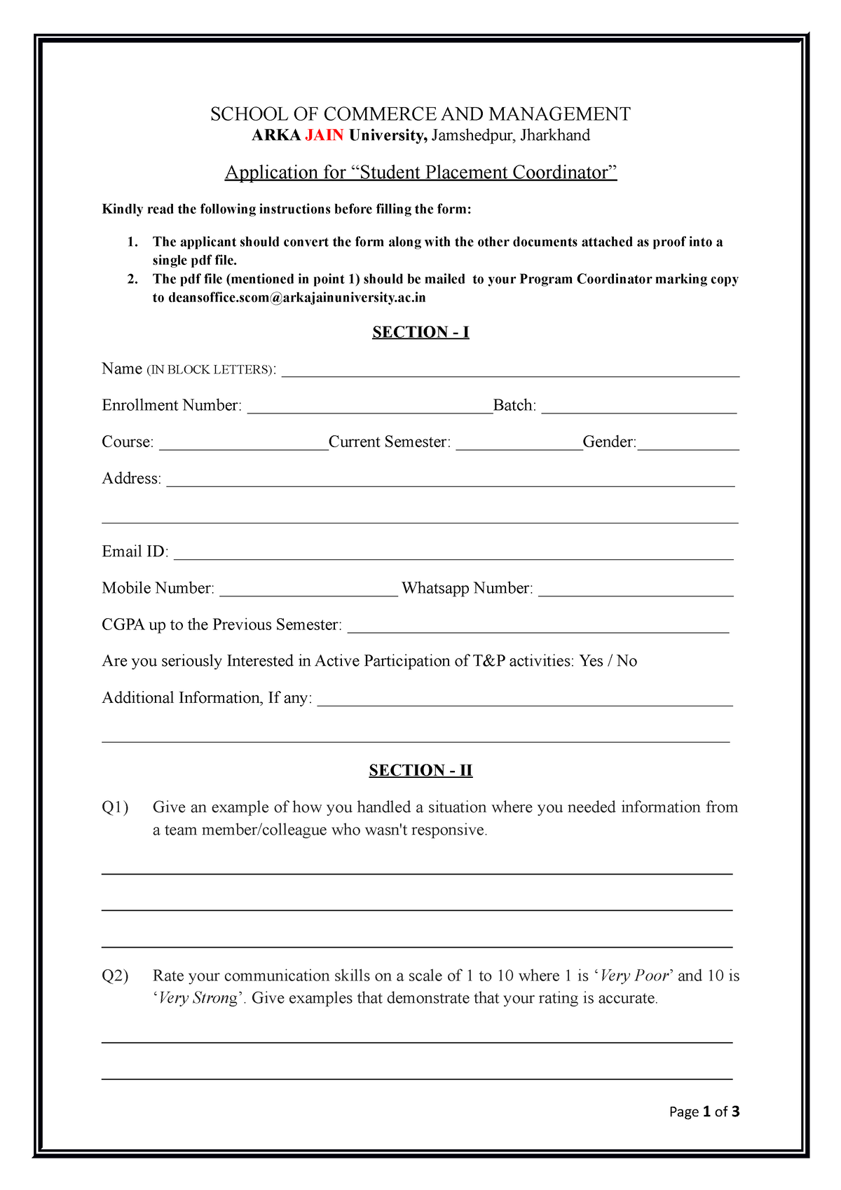 Revised Student Placement Coordinator Application Blank - SCHOOL OF ...