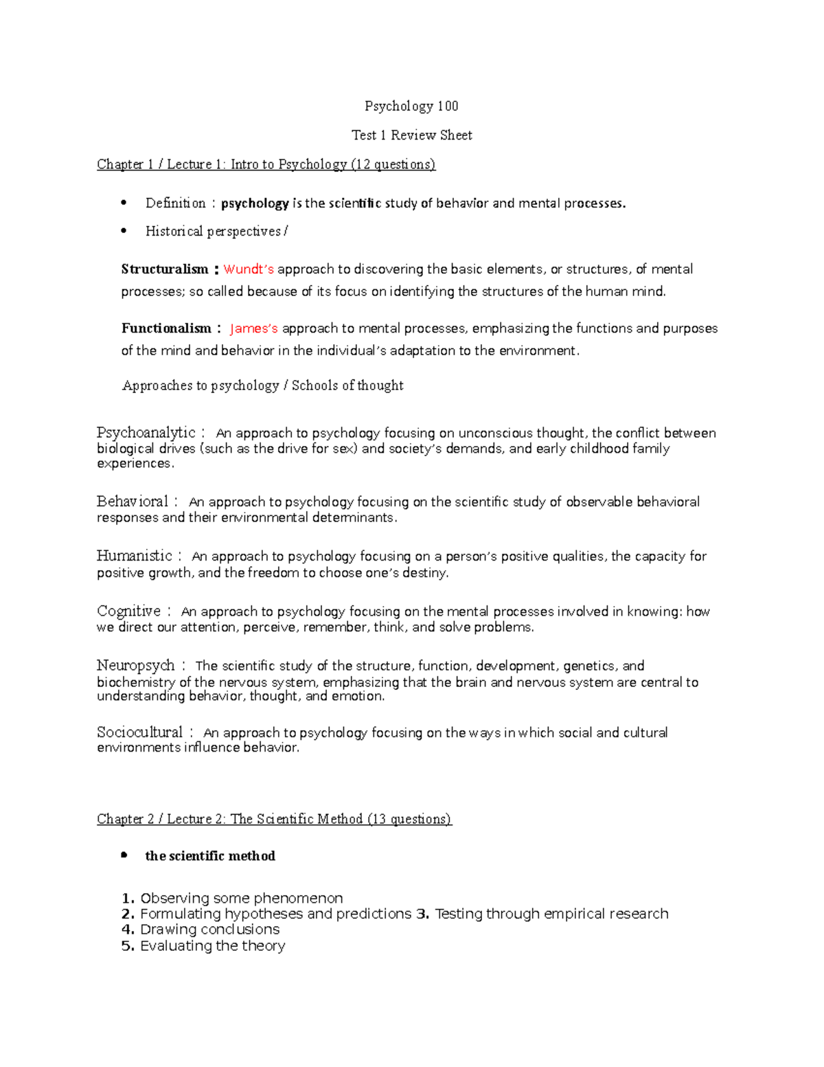 Psychology 100-exam 1 review sheet - Psychology 100 Test 1 Review Sheet