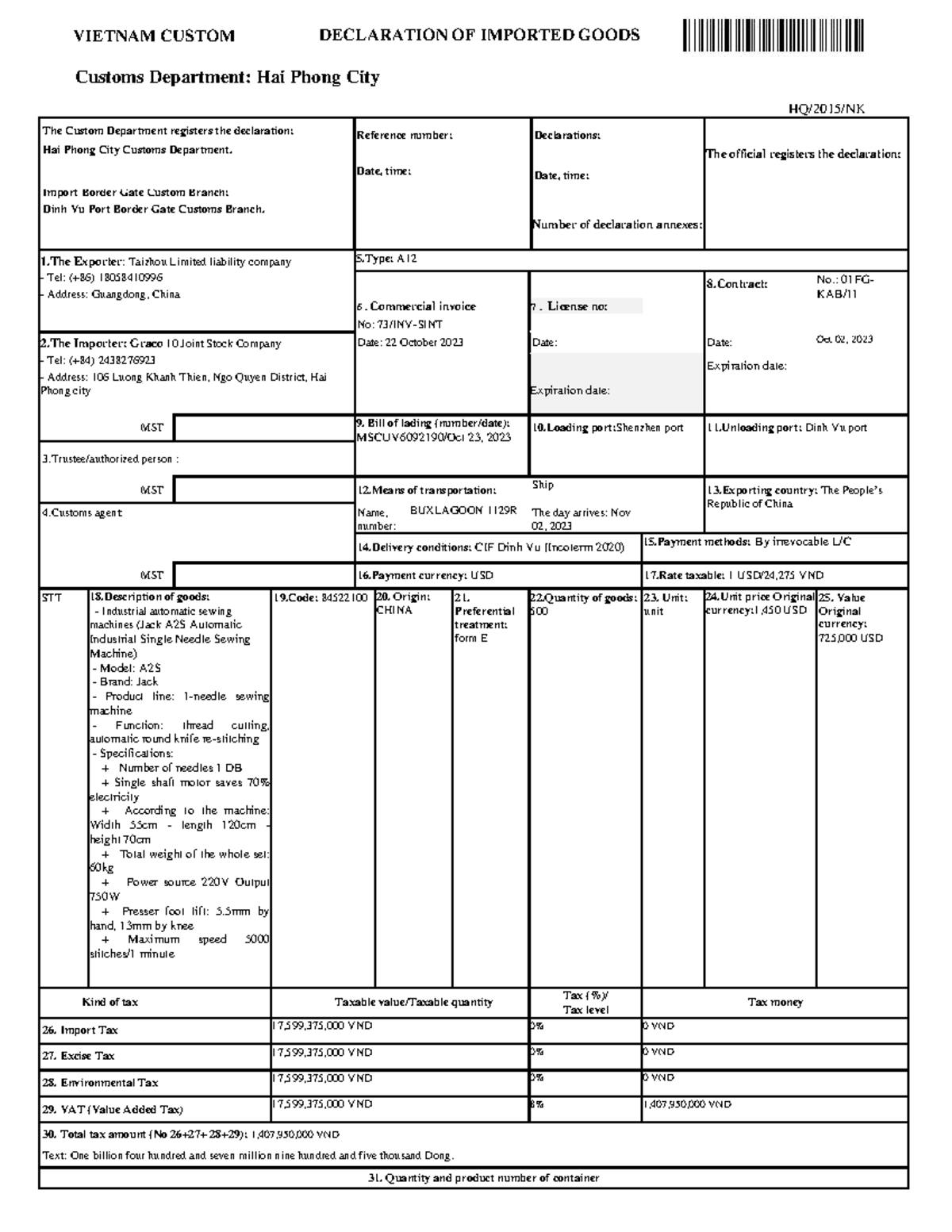 Declaration of Imported Goods - VIETNAM CUSTOM DECLARATION OF IMPORTED ...