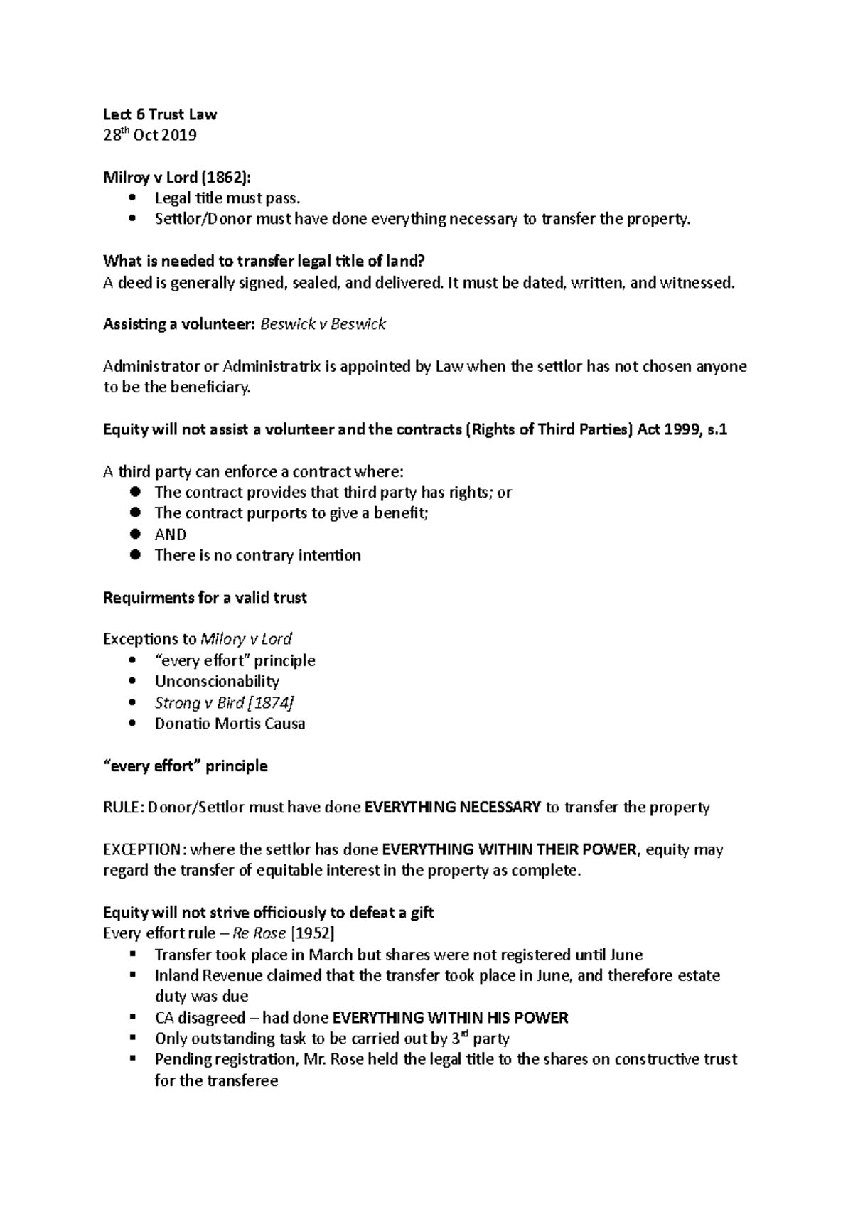 Lect 6 Trust Law - Lecture notes 6 - Lect 6 Trust Law 28 th Oct 2019 ...