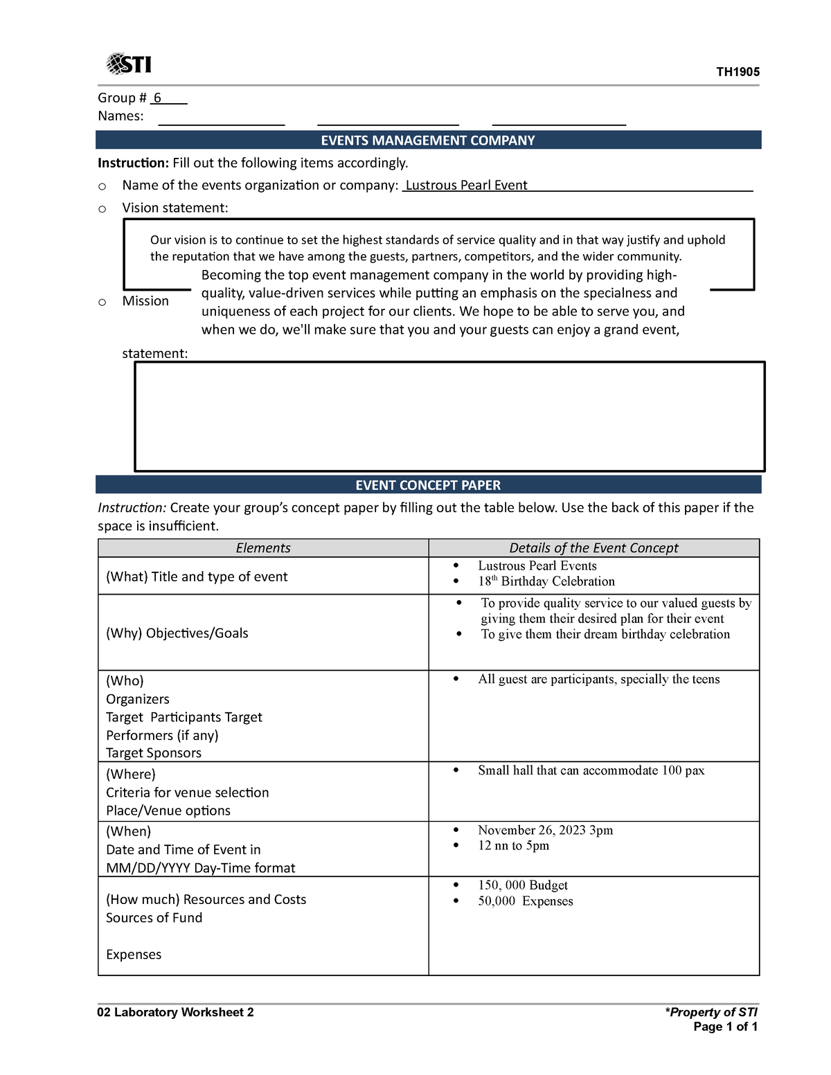 Concept Paper - task performance - TH Group # 6 Names: EVENTS ...