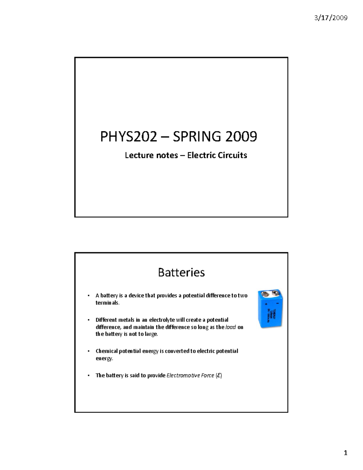 Lecture Notes Electric Circuits 2pp - PHYS202 –SPRING Lecture notes ...