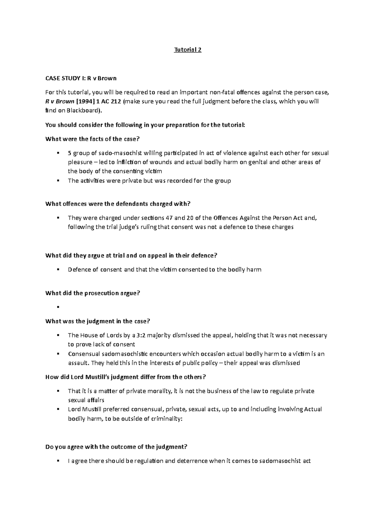 Actus reas and Mens rea Tutorials - Tutorial 2 CASE STUDY I: R v Brown ...