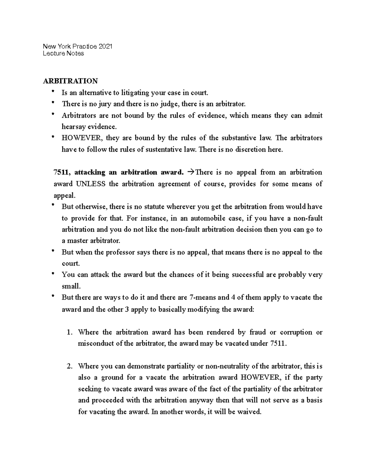 Arbitration - Lecture notes 5 - New York Practice 2021 Lecture Notes ...