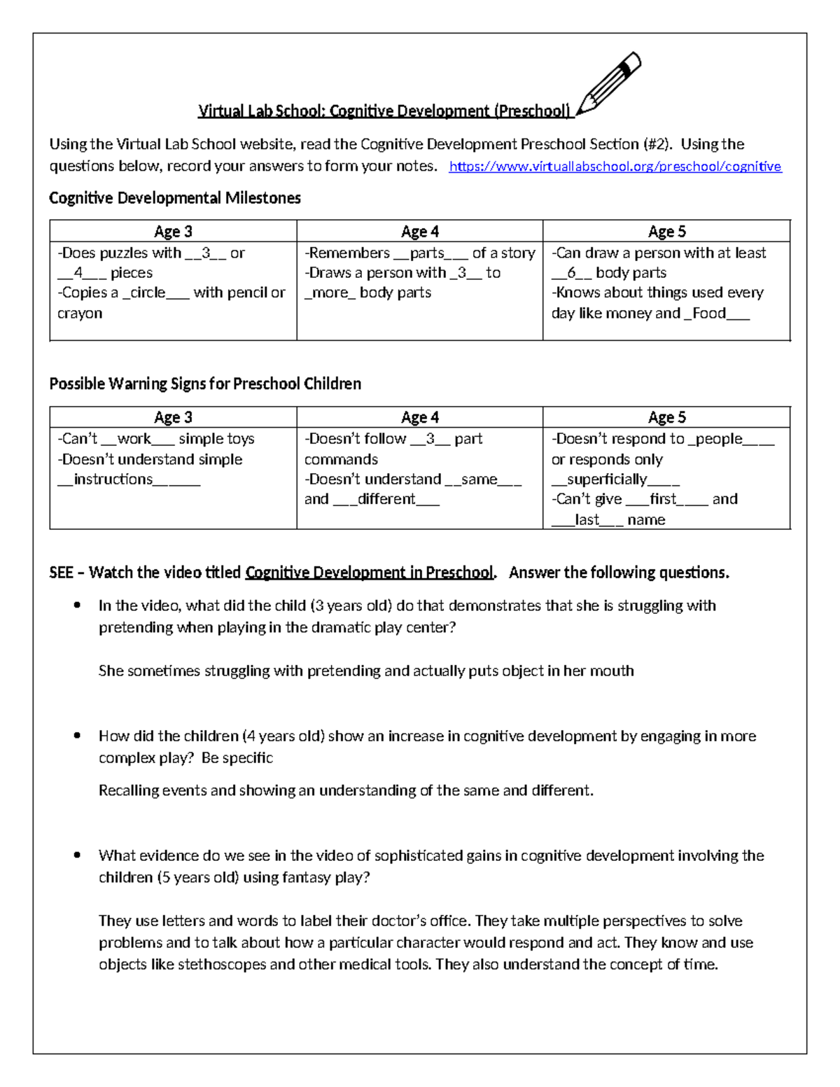 Virtual Lab School Cognitive Developmental Milestones 2 Virtual Lab
