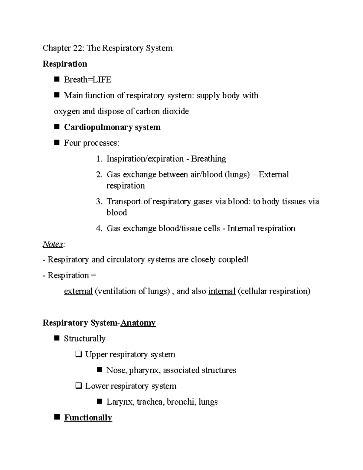 Chapter 22 - The Respiratory System Is The Network Of Organs And ...