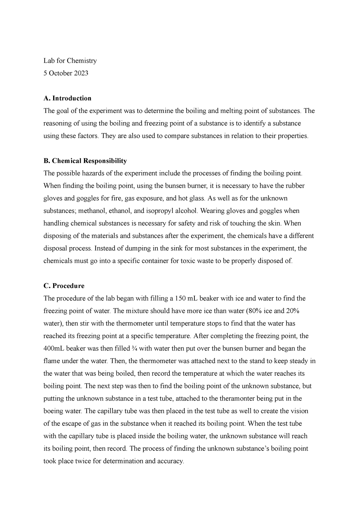 Boiling Point Lab Report - Lab For Chemistry 5 October 2023 A ...