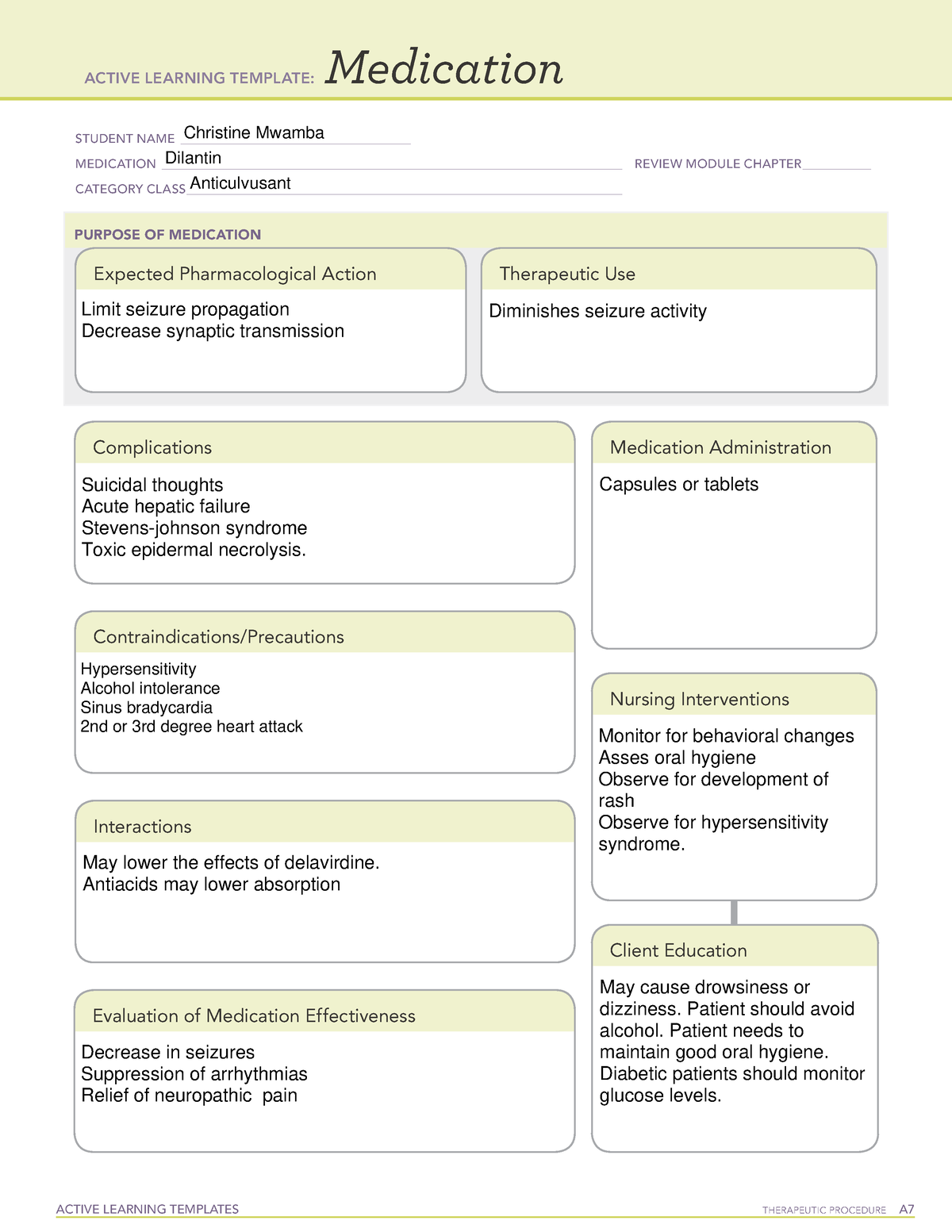 Phenytoin (Dilantin) medication ACTIVE LEARNING TEMPLATES TherapeuTic