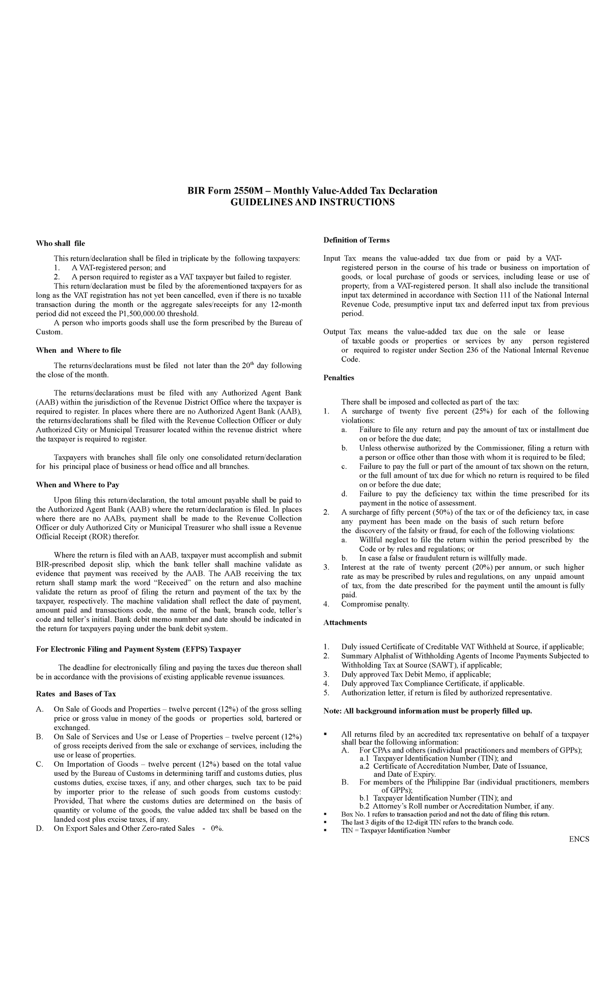 2550m Back Business Tax Bir Form 2550m Monthly Value Added Tax Declaration Guidelines And 2063