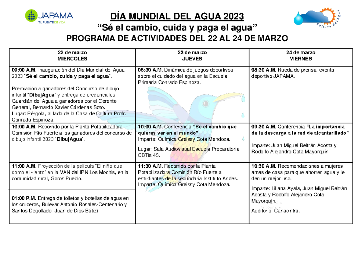 Programa DE Actividades DÍA Mundial DEL AGUA DEL 22 AL 24 DE Marzo 2023 ...
