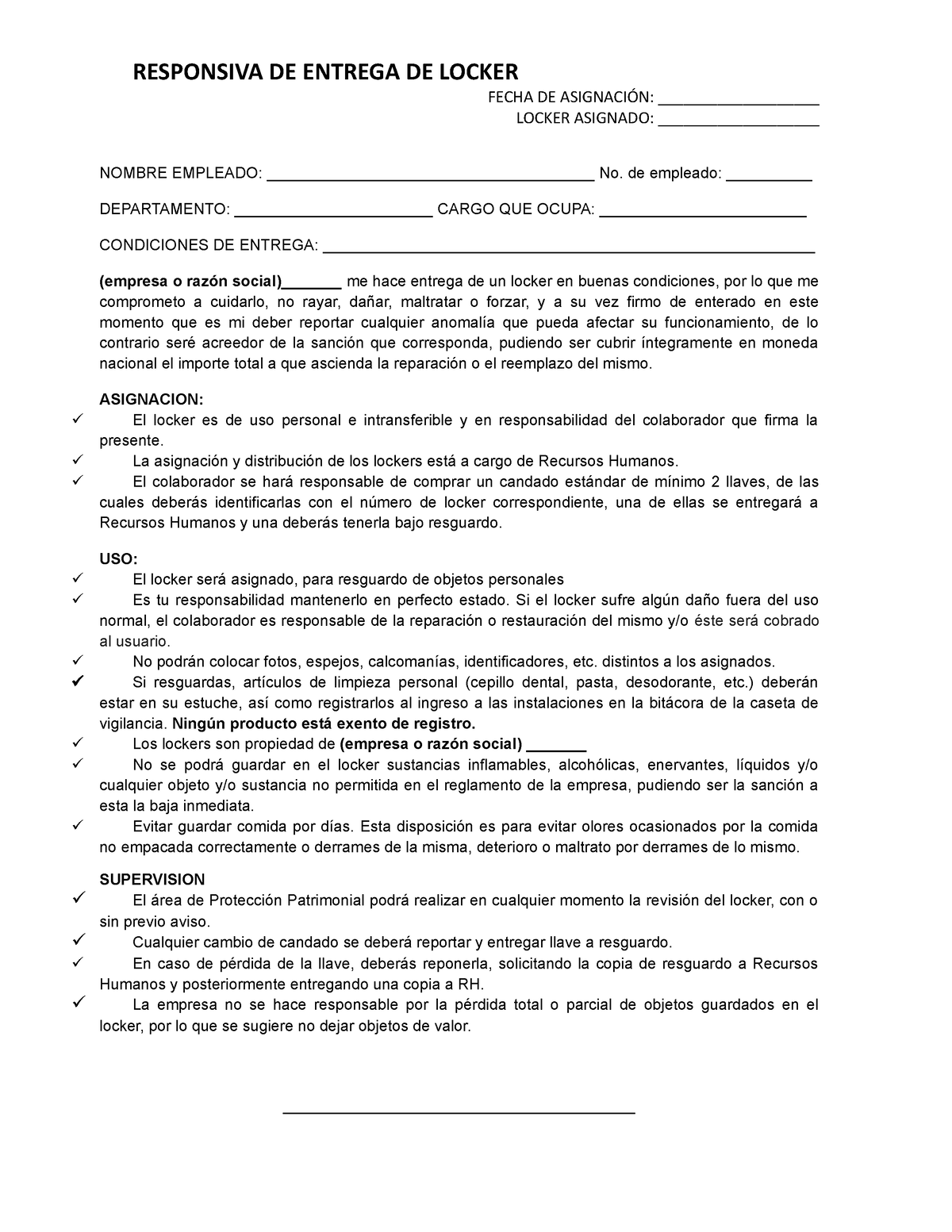 Formato De Asignacion De Locker Responsiva De Entrega De Locker Fecha