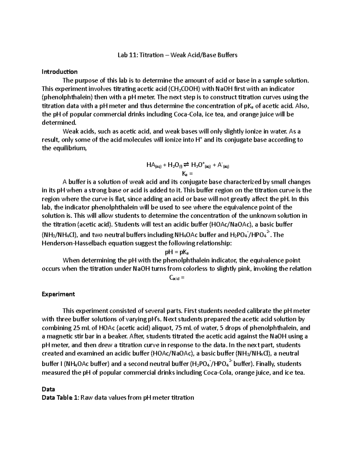 Lab 11 - Titration of Weak Acid-Base Buffers - Lab 11: Titration – Weak ...