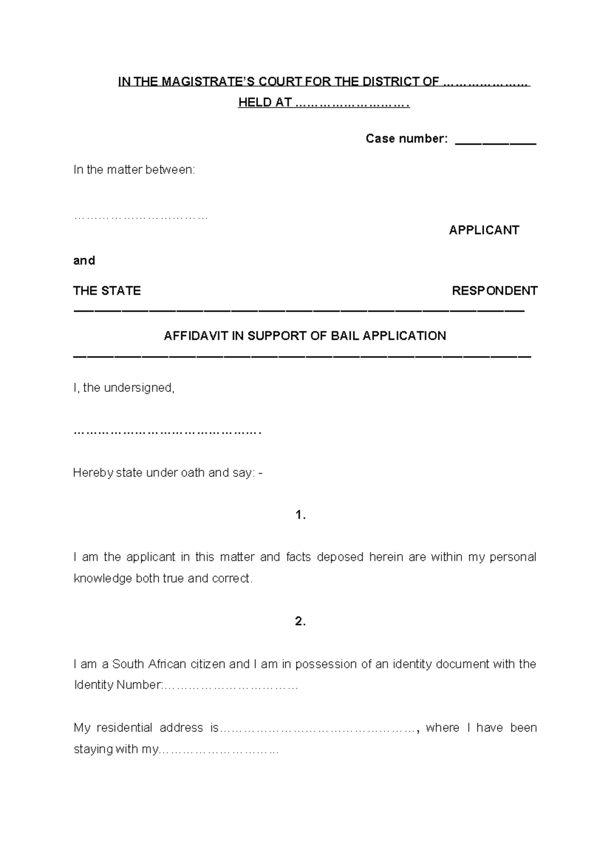Bail application magistrates court - IN THE MAGISTRATE’S COURT FOR THE ...