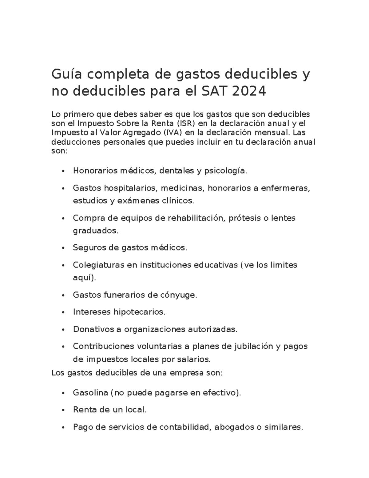 Guía completa de gastos deducibles y no deducibles para el SAT 2024 ...