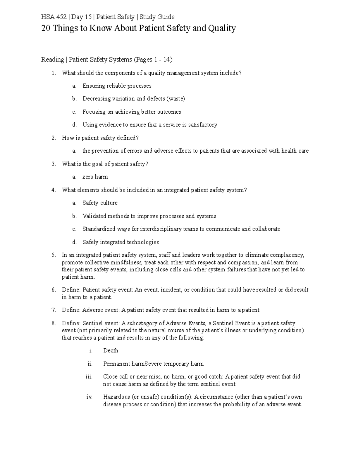 HSA 452 Patient Safety Study Guide HSA 452 Day 15 Patient Safety