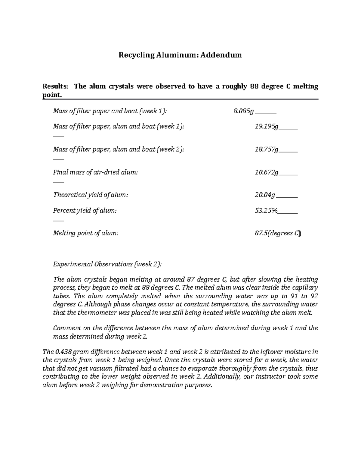 Recycling Al Lab P2 - Recycling Aluminum: Addendum Results: The alum ...
