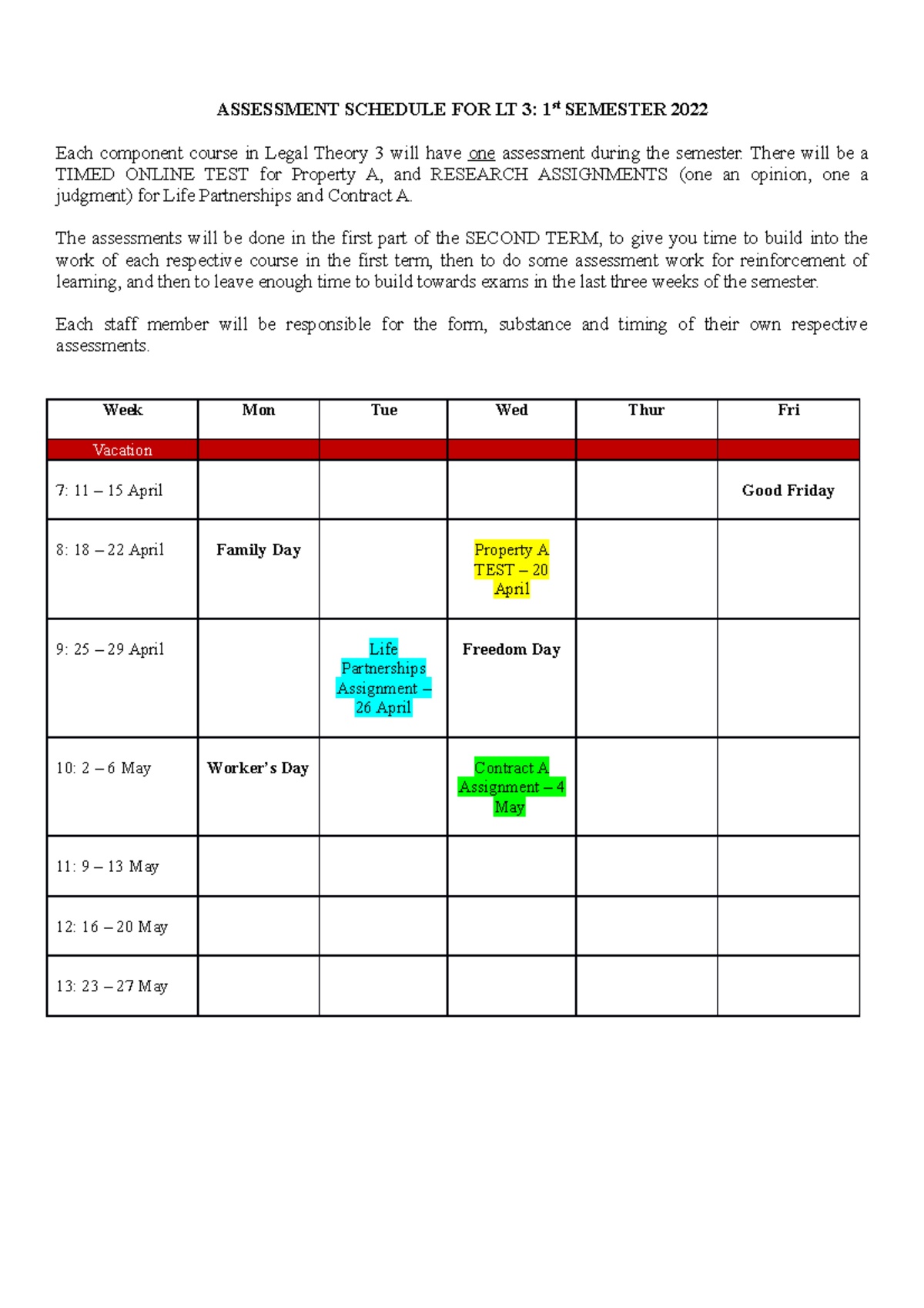 Assessment Dates LT3 1ST SEM 2022 - ASSESSMENT SCHEDULE FOR LT 3: 1st ...