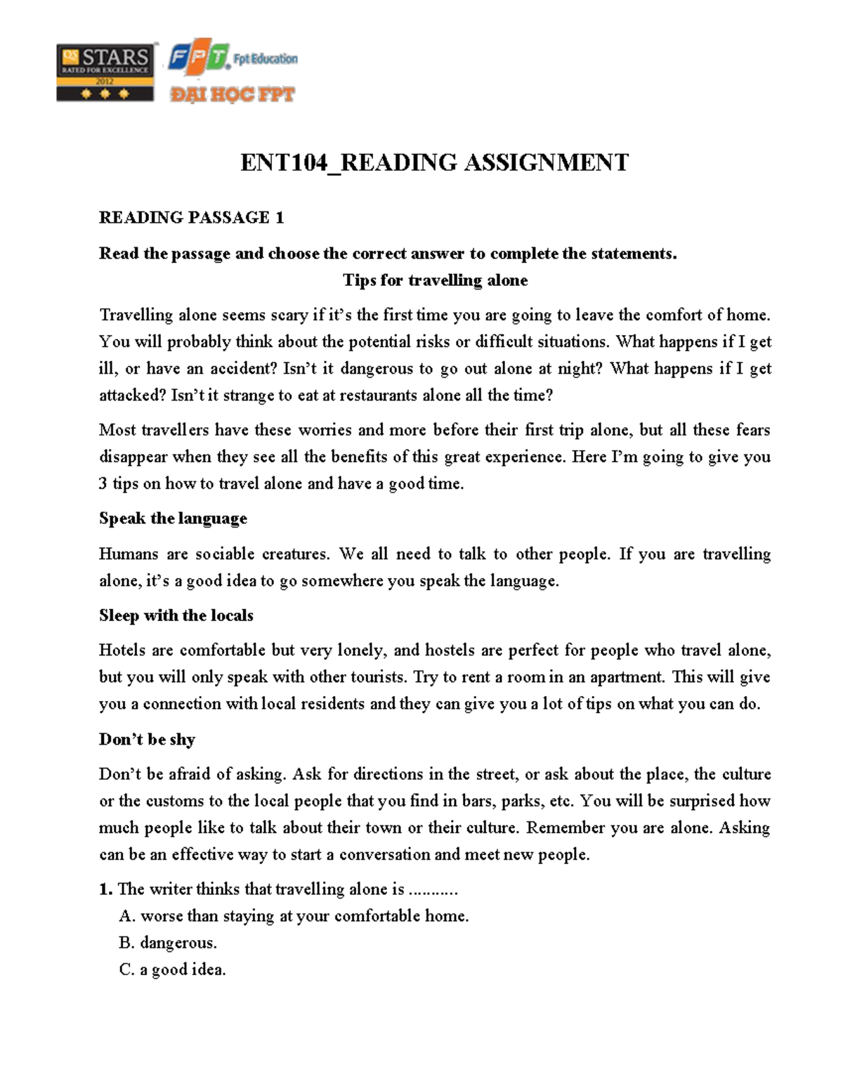 single assignment reading assignment 1