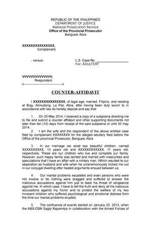 Counter-affidavit- Sample - REPUBLIC OF THE PHILIPPINES DEPARTMENT OF ...