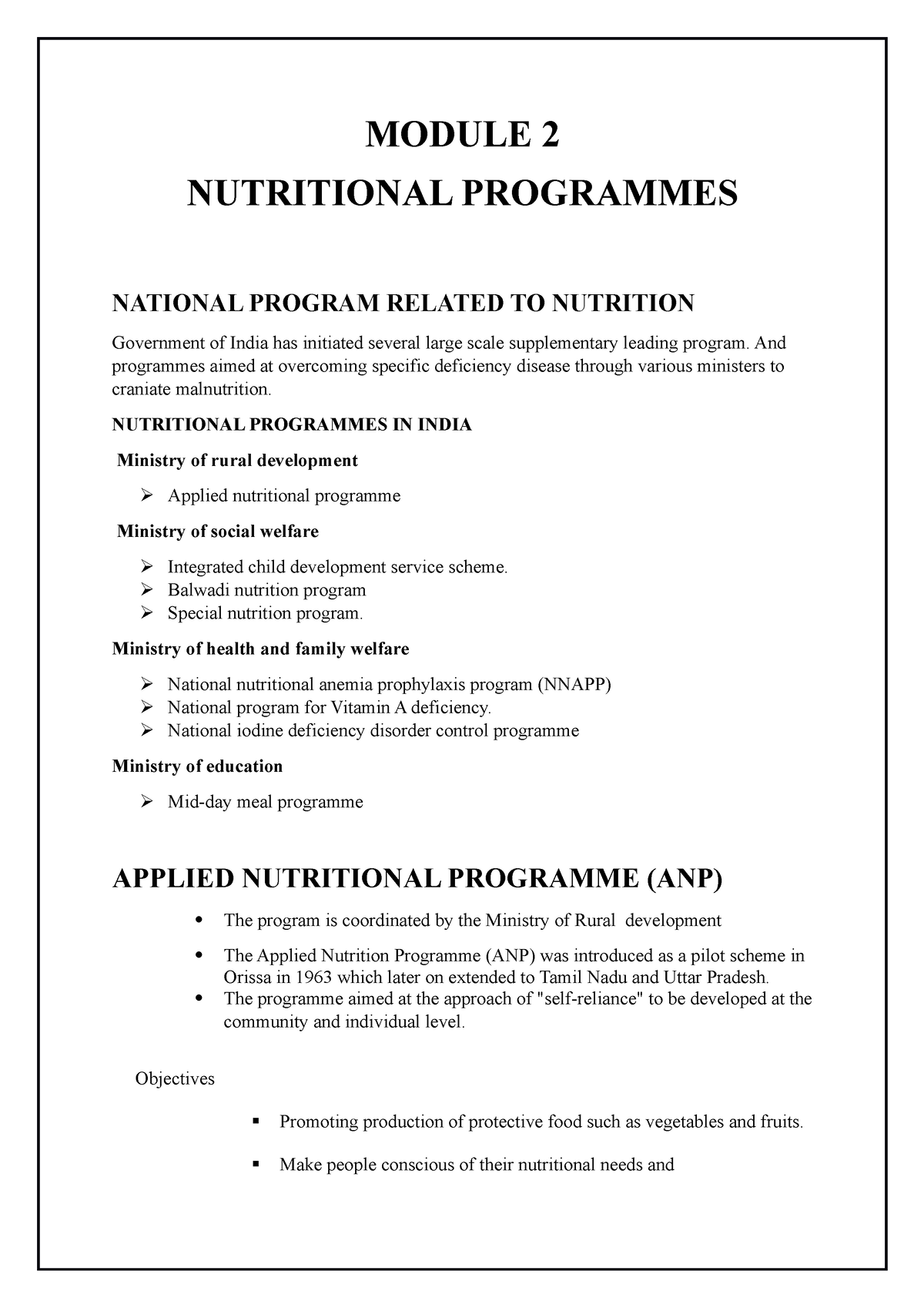 Module 2 NUTRITIONAL PROGRAMMES IN INDIA MODULE 2 NUTRITIONAL 