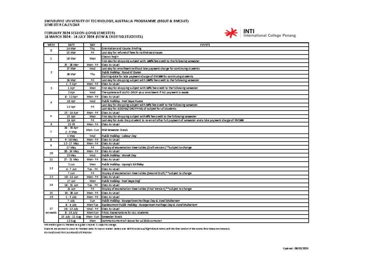 Semester calendar SWINBURNE UNIVERSITY OF TECHNOLOGY, AUSTRALIA