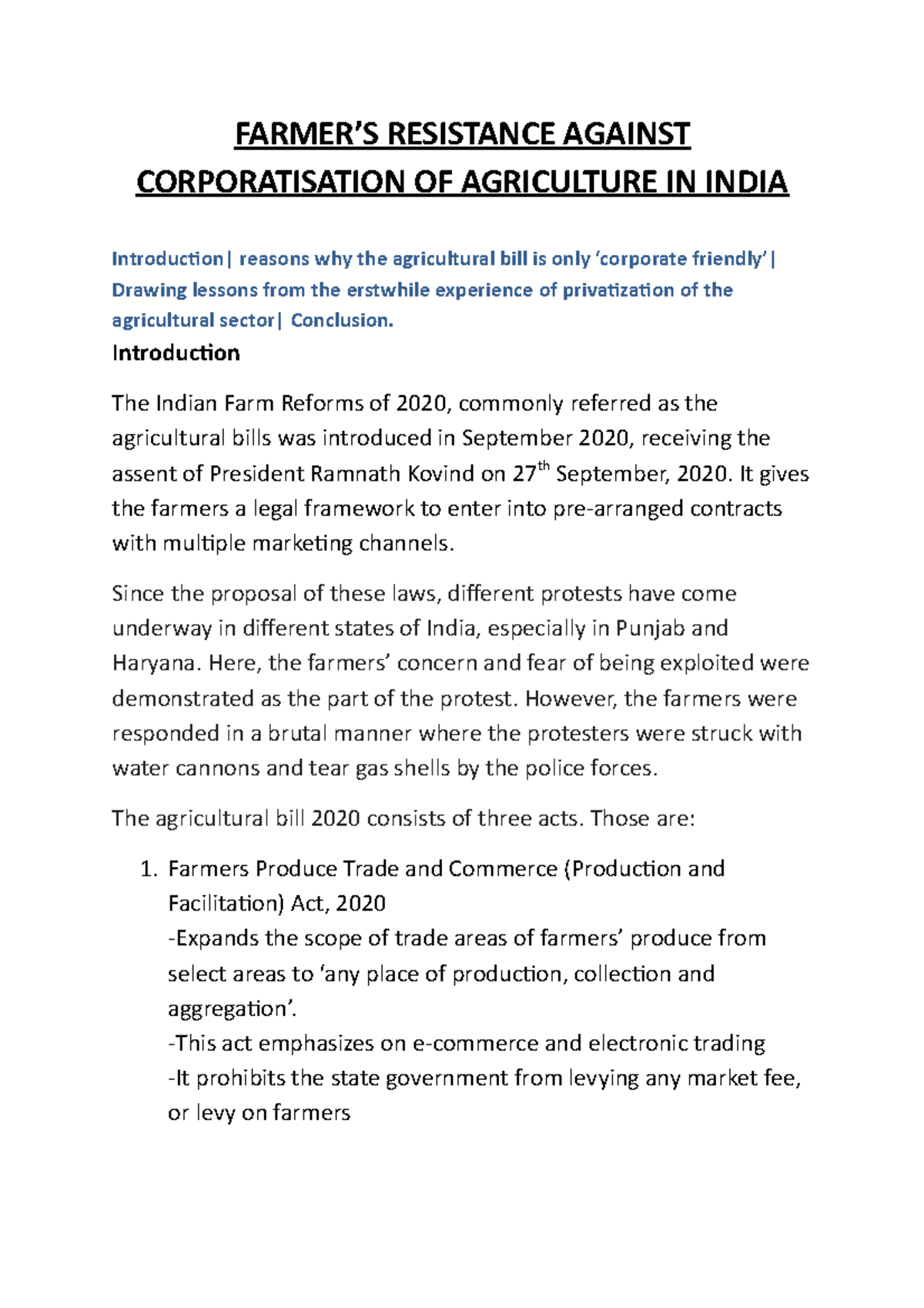 Farmers Resistance Against Corporatization OF Agriculture IN India ...