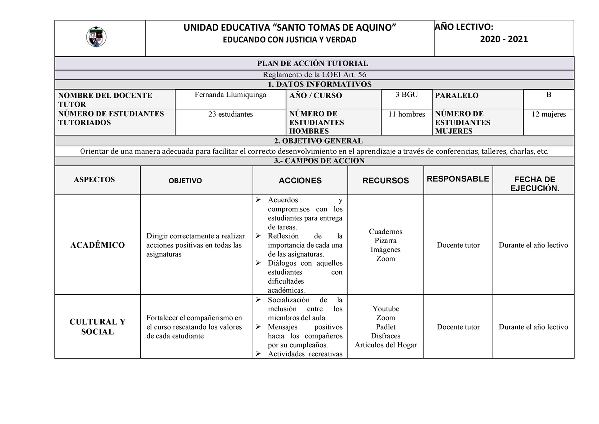 Plan De Accion Tutorial Unidad Educativa “santo Tomas De Aquino” Educando Con Justicia Y 2530