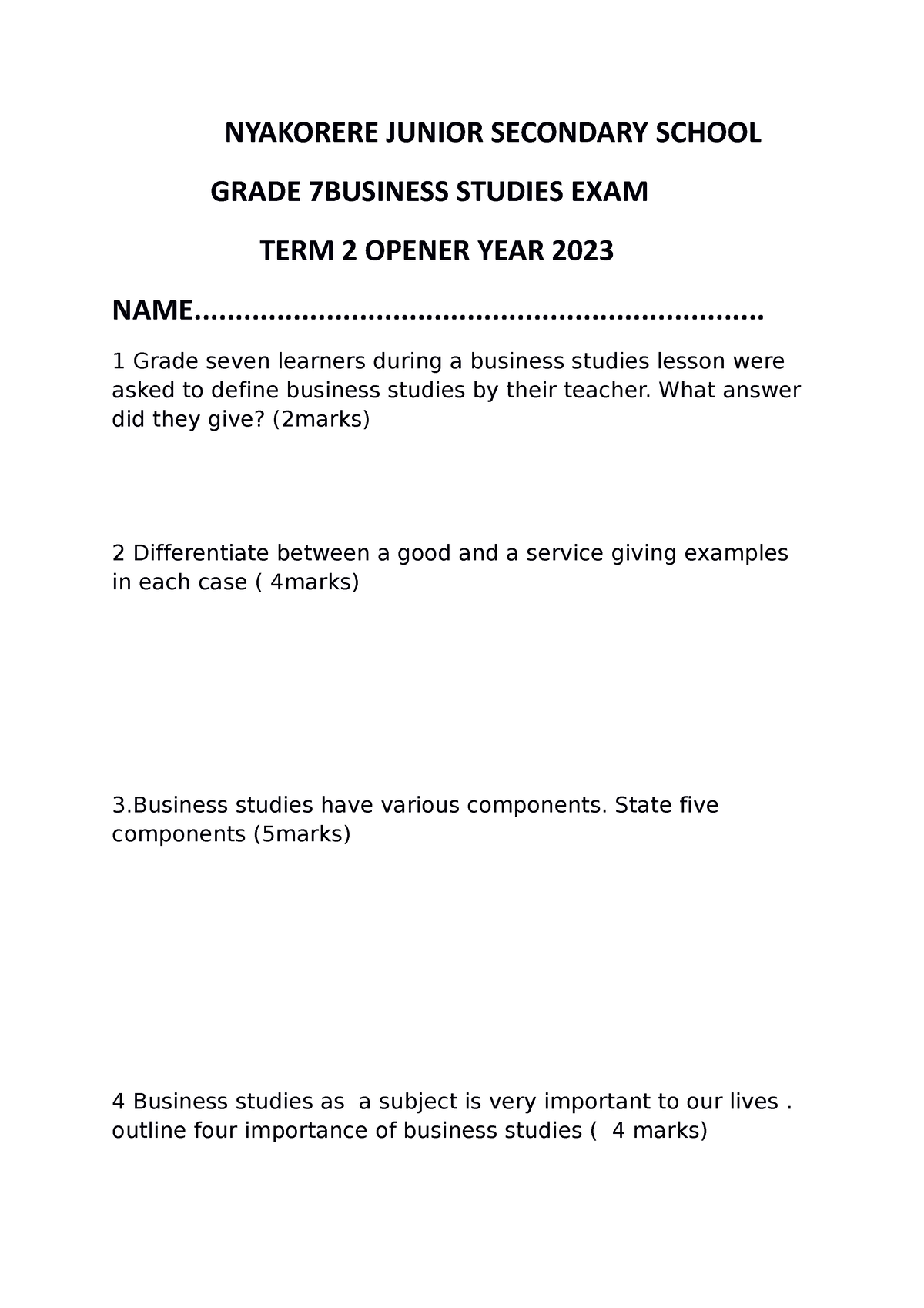 business and entrepreneurship education grade 7 past papers